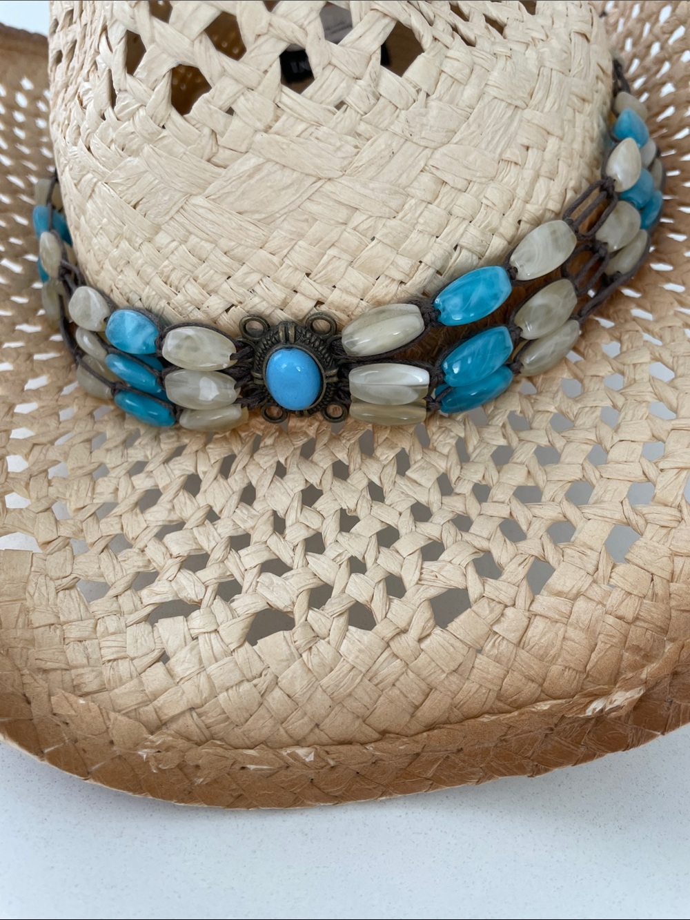 MILANI Straw Western Hat with Turquoise & Cream Bead Band - Picture 3 of 16